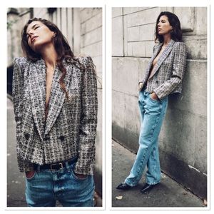 NWT Zara Checkered Lapel Collar Double Breasted Buttoned Cropped Blazer Sz:M